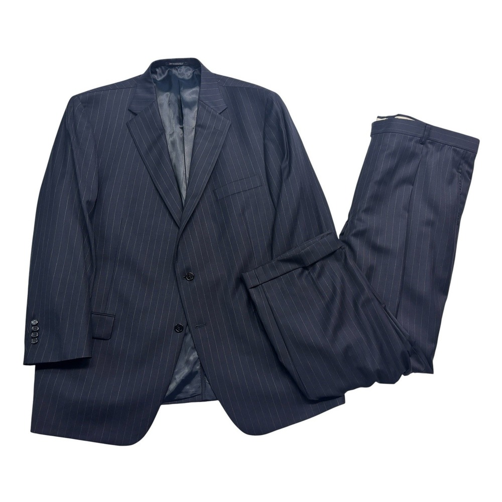 Hart Schaffner Marx 48S 44x29‎ Navy Blue Stripe 2pc Pant Suit USA Wool Pleated